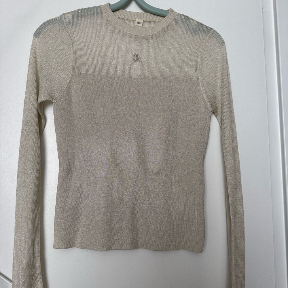Slim Fit Long Sleeve Crewneck Top in Light Beige
